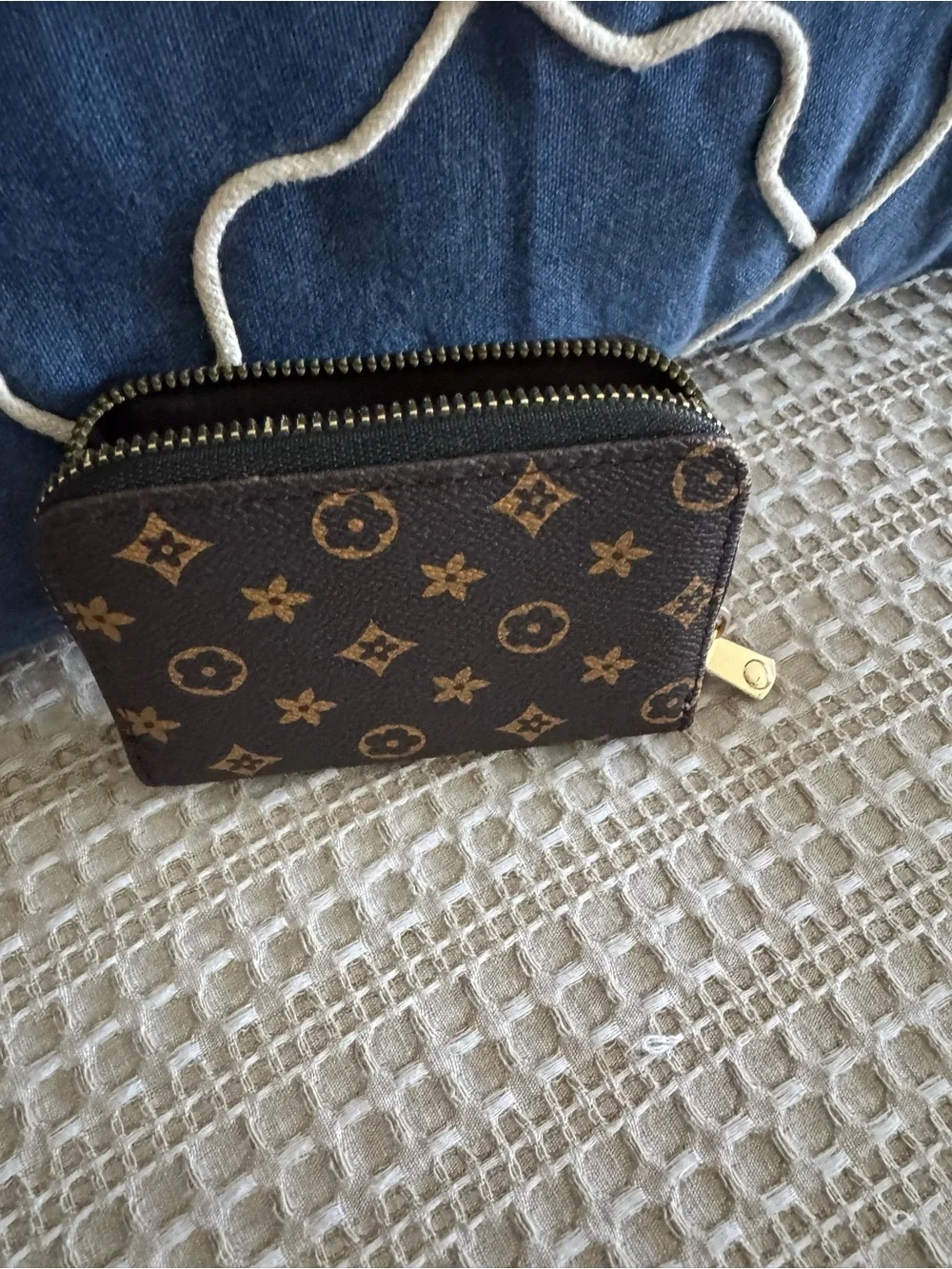 Source Unknown Brown Monogram Zip Card Pouch with Gold Hardware